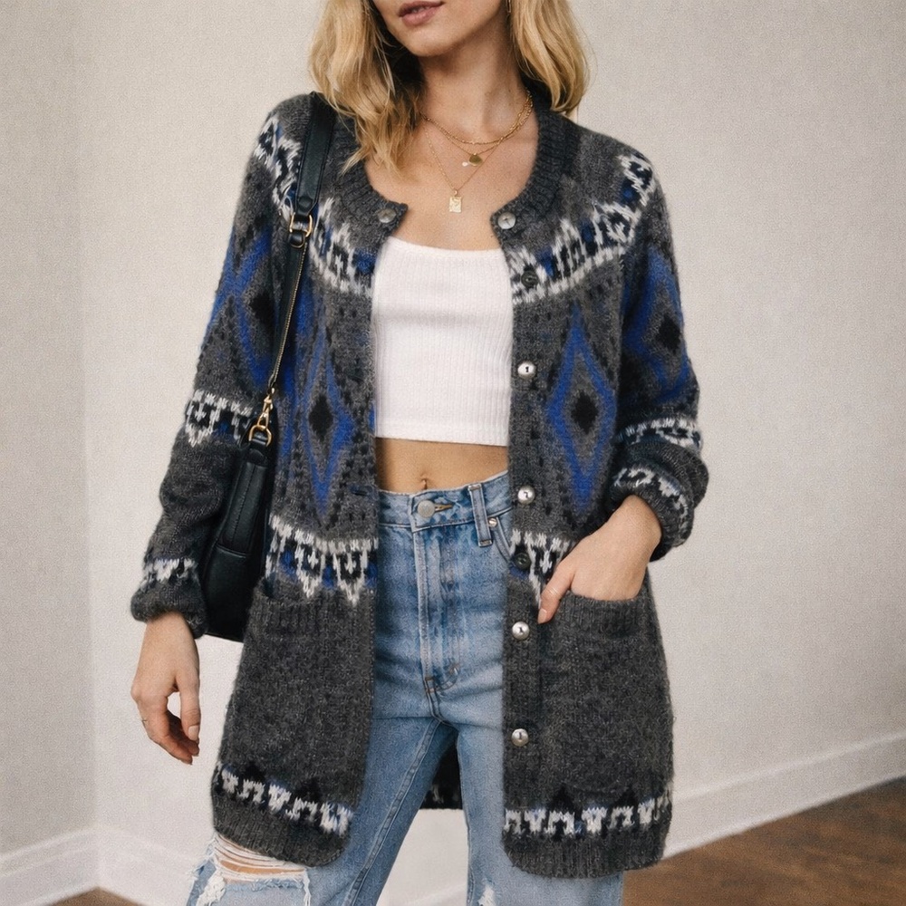 Free People Charcoal and Royal Blue Knit Snap Button Cardigan 05-0168